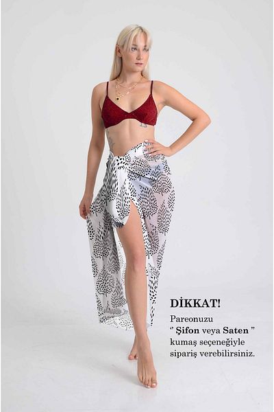 DESENİX Black Leaf Patterned Lilac-Beige Beach Dress |   Chiffon & Luxury Satin Option (100X145 cm)