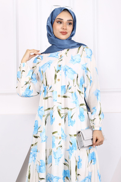 İmajButik Μπλε φόρεμα με μισό κουμπί με μοτίβο