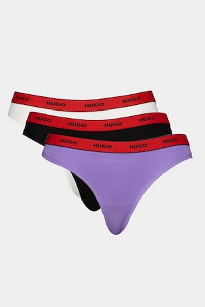 HUGO , Set de chiloti tanga cu logo - 3 perechi, Negru, Lila, Alb optic, L