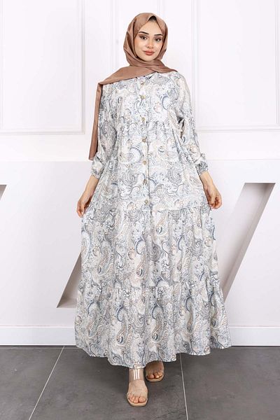 İmajButik Κρεμ Φόρεμα με μισό κουμπί με μοτίβο