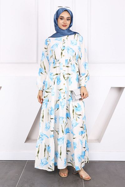 İmajButik Blue Half Button Skirt Layered Patterned Dress