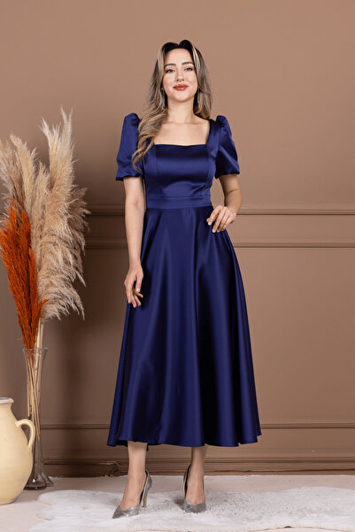 BEYBOS Saten Kumaş Kare Yaka Balon Kol Midi Elbise - LACİVERT