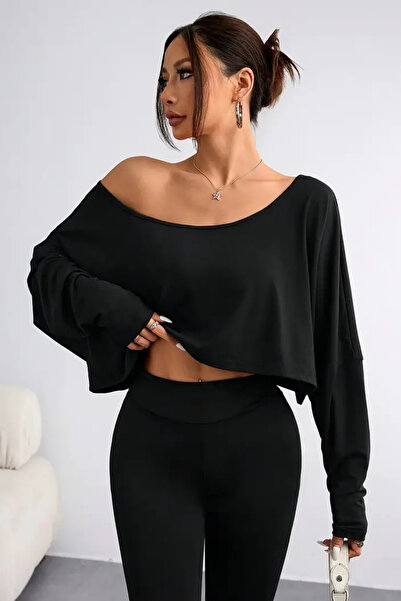 BLUE STREET Kadın Düşük Omuz Kayık Yaka Oversize Uzun Kollu Crop T-Shirt