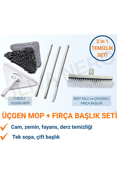 Oliva Nero Üçgen Mop ve Sert Kıllı Fırça Başlık Seti – 2 Bezli Mop ve Çekçekl...