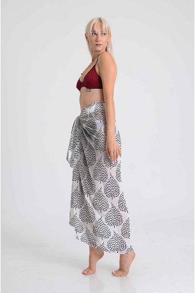 DESENİX Black Leaf Patterned Lilac-Beige Beach Dress |   Chiffon & Luxury Satin Option (100X145 cm)