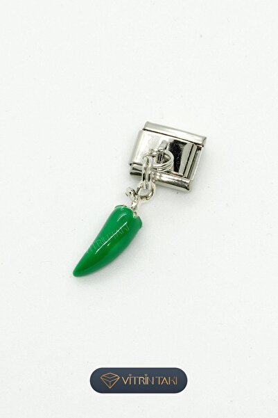 Çelik Yeşil Biber Figürlü Gümüş Renk İtalyan Bileklik Charm