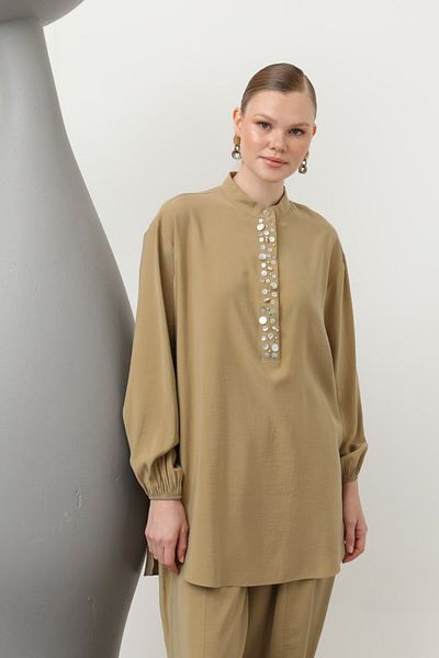 Puane Women's Hijab Cotton Mussel Embroidered Double Suit