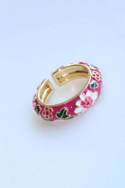 Leo'Stone Premium Series Multi Color Flower Pattern Enamel Adjustable Women's Steel Ring