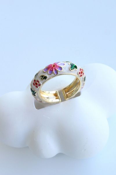 Leo'Stone Premium Series Multi Color Flower Pattern Enamel Adjustable Women's Steel Ring