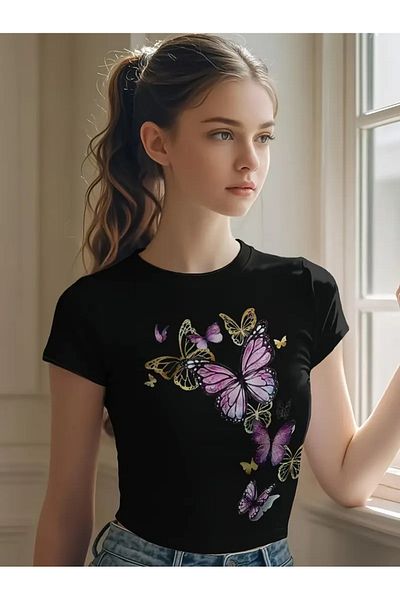 aynewmoda Μπλουζάκι με κοντομάνικο στρογγυλό λαιμό με σχέδιο πεταλούδας