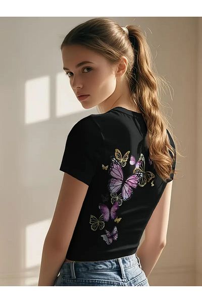 aynewmoda Μπλουζάκι με κοντομάνικο στρογγυλό λαιμό με σχέδιο πεταλούδας