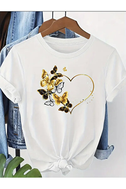 FUFLUNS Oversize Circle Neck T-Shirt with Butterfly Gold Heart Print