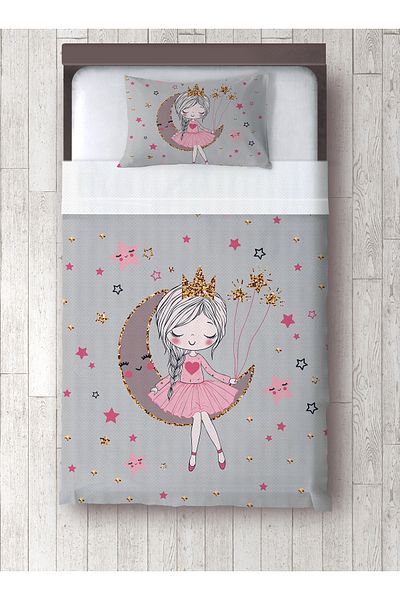 yok yok evim eve dair her şey Gray Girl Sitting on the Moon Patterned Single Pique and Pillowcase Bedspread Set