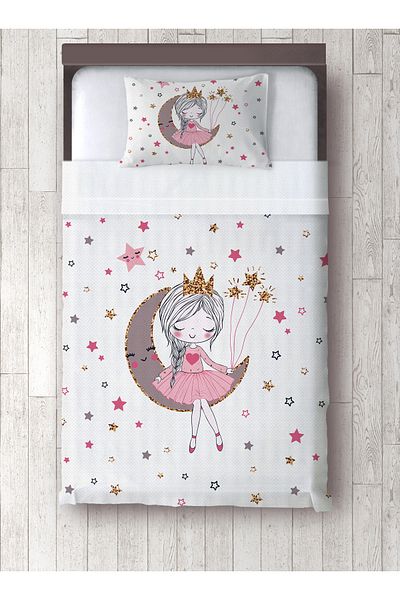 yok yok evim eve dair her şey White Girl Sitting on the Moon Patterned Single Pique and Pillowcase Bedspread Set