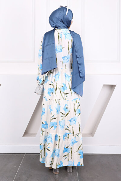 İmajButik Μπλε φόρεμα με μισό κουμπί με μοτίβο