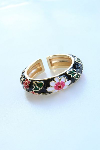 Leo'Stone Premium Series Multi Color Flower Pattern Enamel Adjustable Women's Steel Ring
