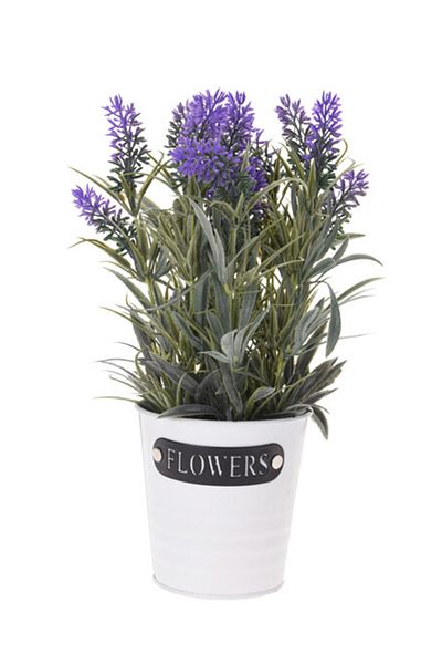 Koopman Planta artificiala Lavanda, Azay Design, in ghiveci metalic alb, bogata in flori violet, H 28cm