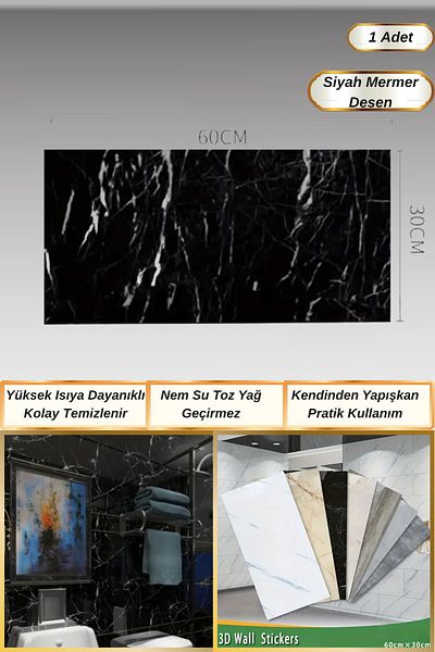 Hane Dostu 60 Cm Model dreptunghiular autoadeziv |   Autocolant de perete din plastic din aluminiu cu model de marmură neagră