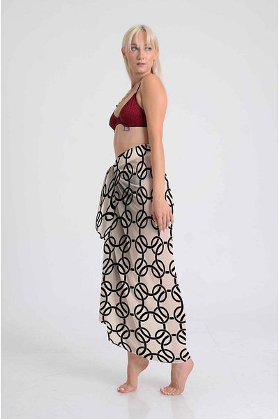 DESENİX Beige Beach Dress with Black Geometric Pattern |   100X145Cm |   Chiffon & Luxury Satin Fabric Options