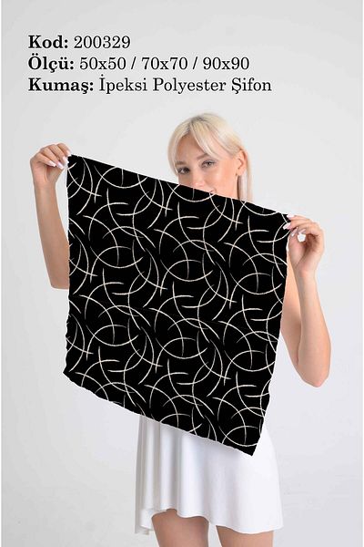 DESENİX وشاح أسود منقوش هندسيًا بسيطًا |   أنيق، رشيق |   50x50 - 70x70 - 90x90 |   شيفون بوليستر حريري
