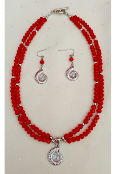 shop Kırmızı Kristal 2 Sıralı Salyangoz Detaylı Kolye ve Küpe Seti