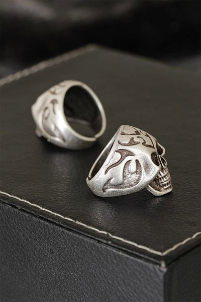 shopwave Skull Designed Antique Silver Patterned Adjustable Model Men's Ring