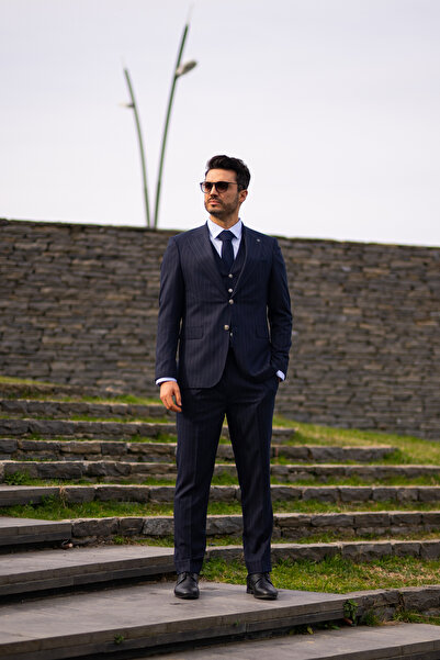 Costumen Slim Fit Lacivert Çizgili Yelekli Takım Elbise