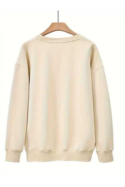 caddekombin Μπεζ φούτερ με στάμπα μωβ βιολετί με λαιμόκοψη