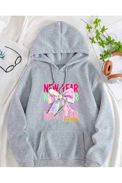 caddekombin Hanorac cu glugă imprimat Anul Nou 2025, din bumbac, gri, cu buzu...