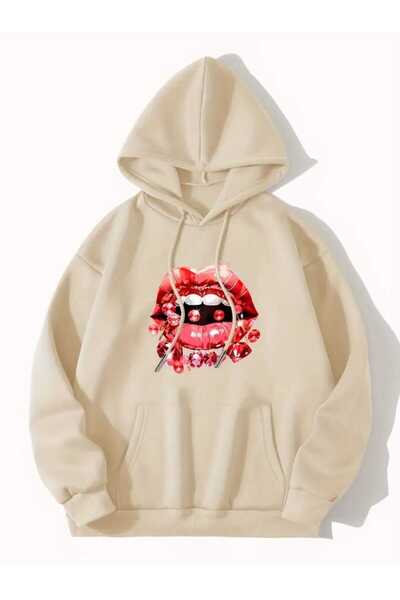 caddekombin Hanorac din bumbac bej cu buzunar cu glugă și imprimeu Diamond Lips