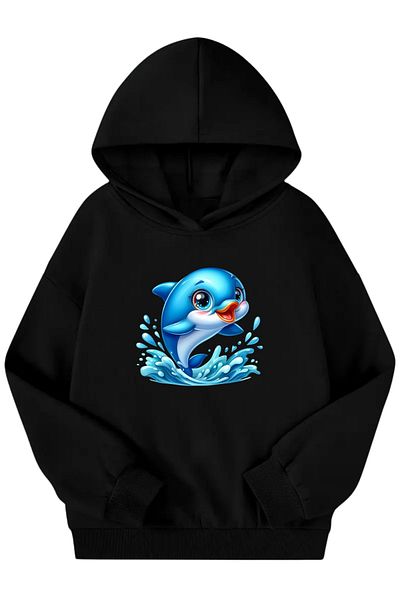 CLAYES Unisex Μαύρο Παιδικό Φούτερ με κουκούλα – Dolphin Fish Printed, Χοντρό ύφασμα με αναστολή