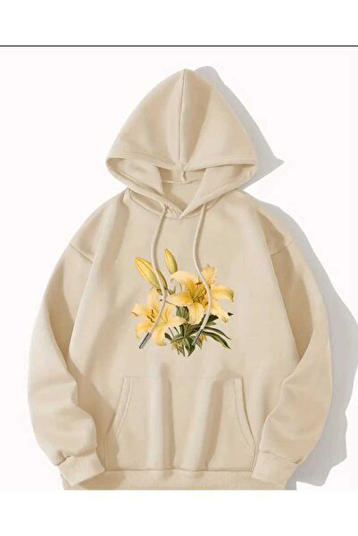 caddekombin سويت شيرت بيج من القطن بطبعة زهرة الزنبق الأصفر مع جيوب بقلنسوة