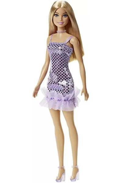 Barbie ΚΟΥΚΛΑ ΜΕ ΦΩΤΕΙΝΗ ΣΤΟΛΗ ΞΑΝΘΙΑ ΜΕ ΜΩΒ ΦΟΡΕΜΑ