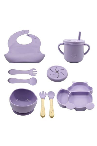 Dali Set accesorii diversificare bebelusi, farfurie/bol cu ventuza, cana cu pai sau pentru gustari, bavet