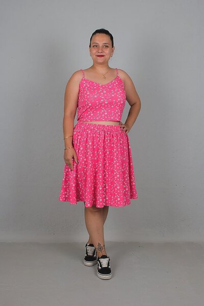 Truva XXL Plus Size Strap Back Elastic Crop Skirt Pink Set