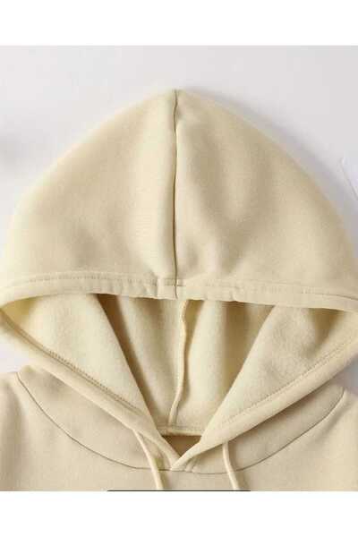 caddekombin Hanorac din bumbac bej cu glugă și buzunar cu imprimeu Hibiscus