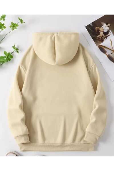 caddekombin Hanorac din bumbac bej cu glugă și buzunar cu imprimeu Hibiscus