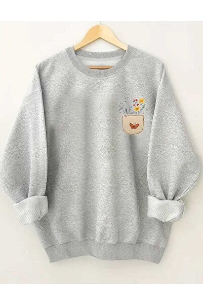 caddekombin Hanorac gri cu decolteu cu imprimeu floral în buzunar