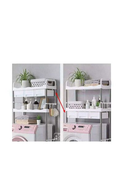 Un Washing machine storage rack with two drawers and three compartments, white