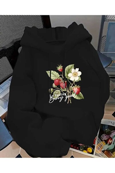 caddekombin Μαύρο φούτερ με κουκούλα και τσέπη με στάμπα Berry Good