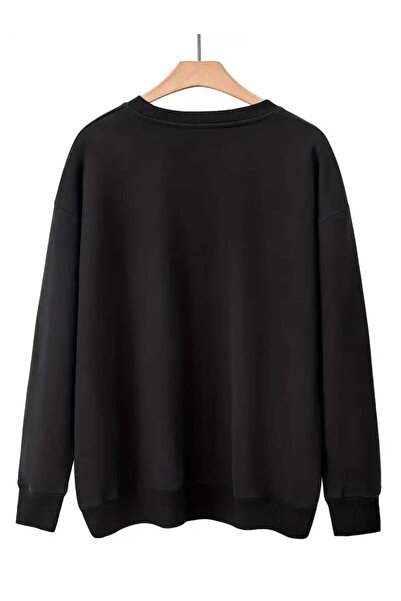 caddekombin Hanorac negru cu decolteu bisiklet cu imprimeu floral în buzunar