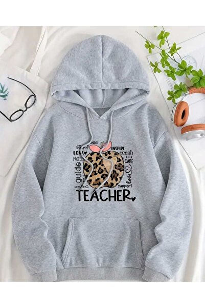 caddekombin Teacher Printed Cotton Gray Sweatshirt with Pocket