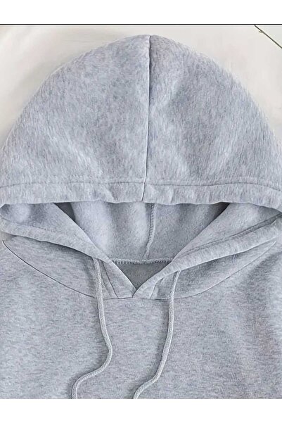 caddekombin Semi Leopard Floral Printed Hooded Pocket Gray Sweatshirt with Wool Inside