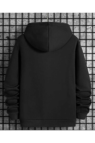 caddekombin Man Struggles Printed Hooded Pocket Inside Wool Black Sweatshirt