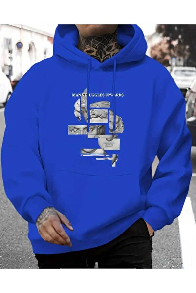 caddekombin Hanorac cu glugă cu imprimeu Man Struggles, cu buzunare, cu interior din lână, marca Saks