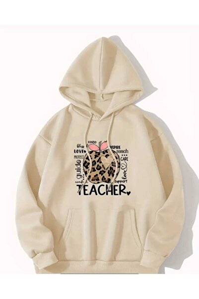 caddekombin Φούτερ με στάμπα καθηγητή, βαμβακερό μπεζ φούτερ με τσέπες