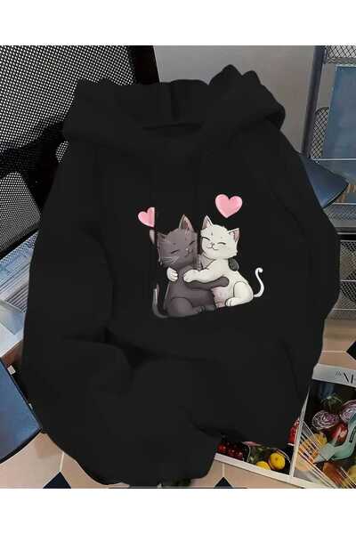 caddekombin Hanorac din bumbac cu glugă și buzunare, cu imprimeu de pisici pe...