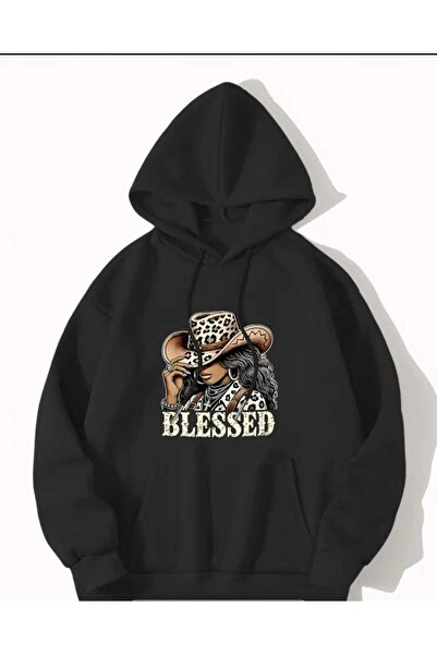 caddekombin Hanorac negru cu glugă Blessed Cowboy Girl, cu buzunar și interio...