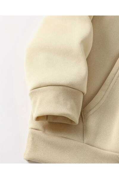 caddekombin Hanorac din bumbac bej cu glugă și buzunar cu imprimeu Hibiscus