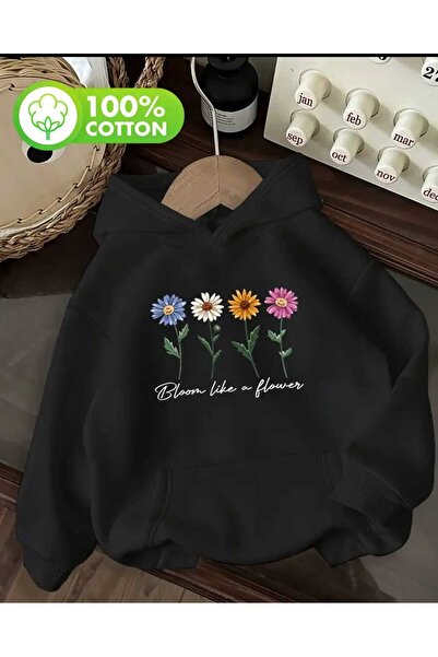 caddekombin Hanorac negru din bumbac cu glugă și buzunar cu imprimeu Bloom fl...